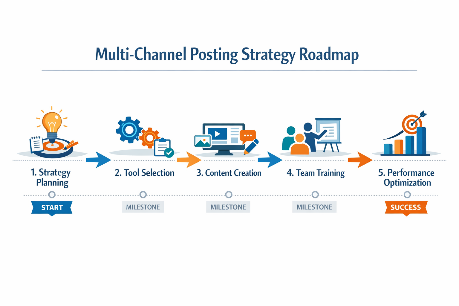 Professional landscape format (1536x1024) step-by-step implementation roadmap for multi-channel posting strategy. Horizontal timeline with 5 - Multi Channel Posting Tool 11 Professional landscape format (1536x1024) step-by-step implementation roadmap for multi-channel posting strategy. Horizontal timeline with 5