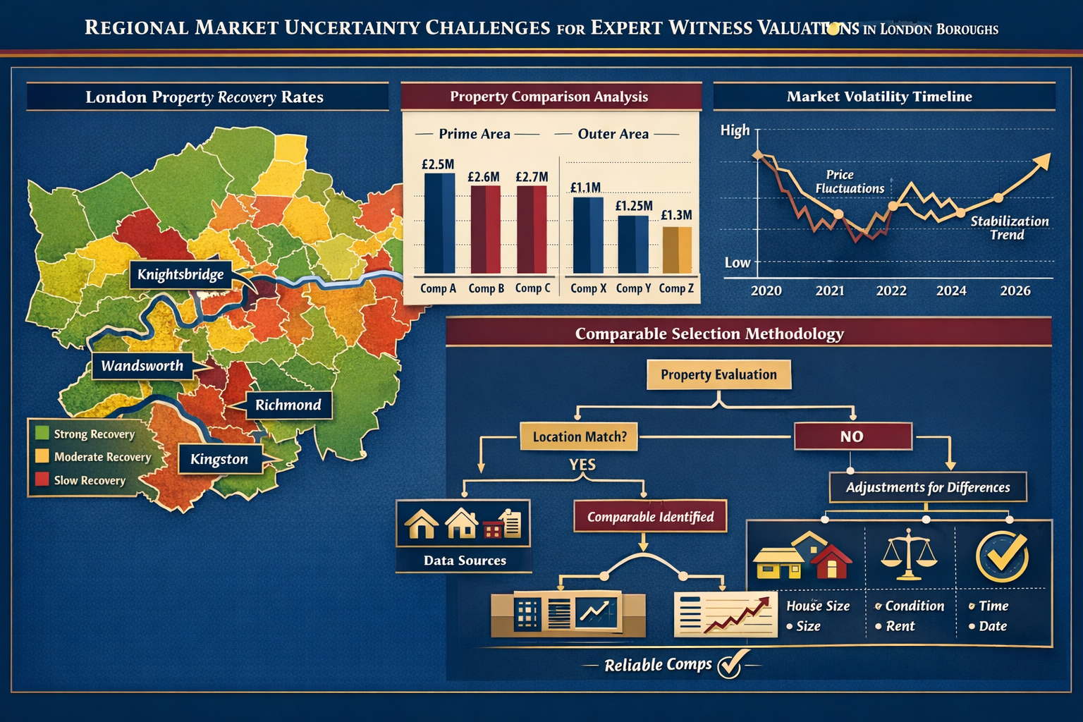 Landscape format (1536x1024) comprehensive infographic displaying regional market uncertainty challenges for expert witness valuations acros