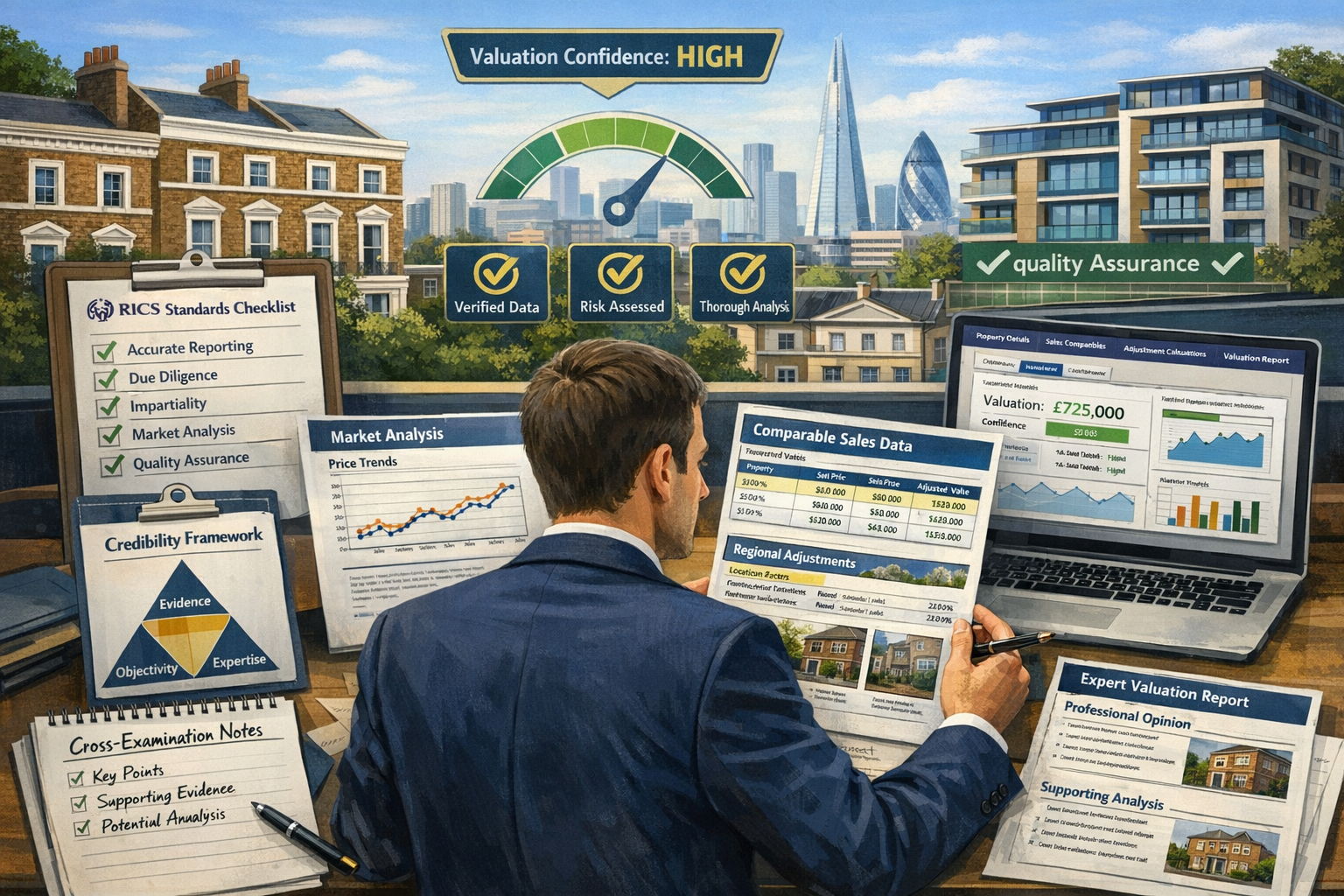 Landscape format (1536x1024) detailed visual guide to building defensible valuation cases in recovering markets. Central composition shows p