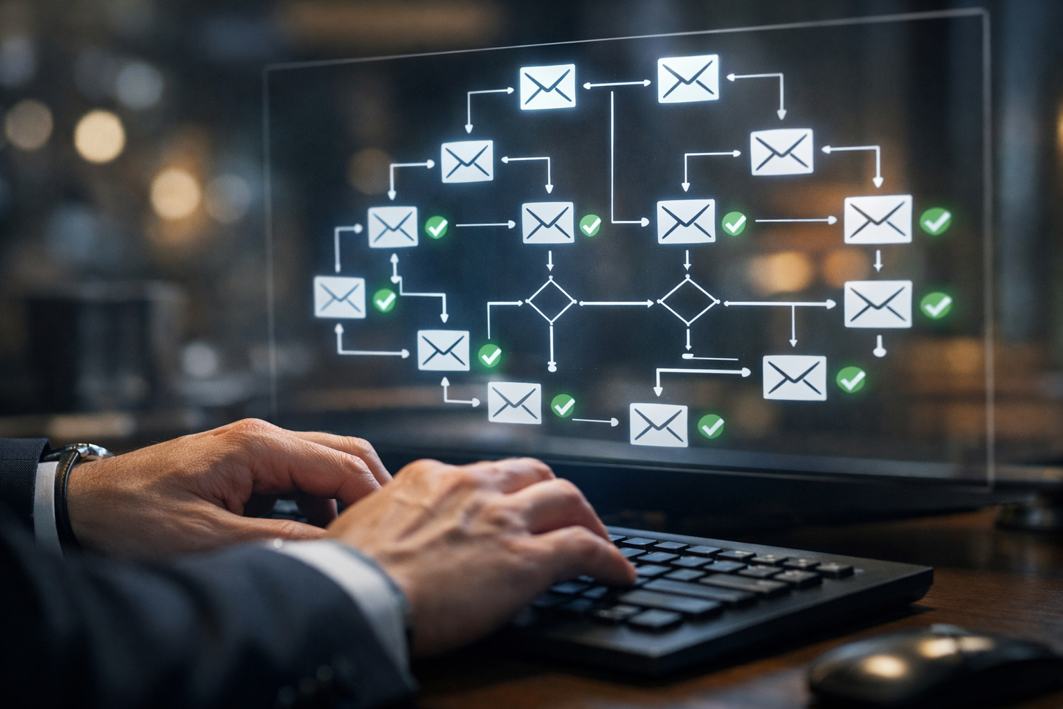 Close-up perspective of a real estate agent's hands typing on a keyboard while an email automation workflow diagram glows on