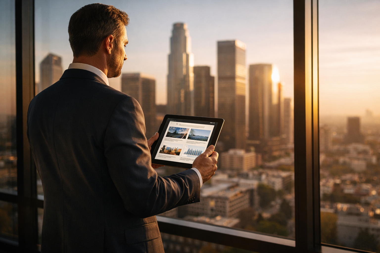Wide-angle view of a commercial real estate broker in a tailored suit standing before a floor-to-ceiling window overlooking