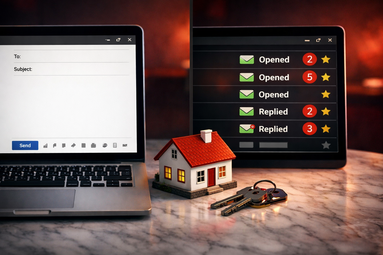 Split-scene composition showing on the left a blank cold email draft on a laptop screen and on the right a vibrant inbox