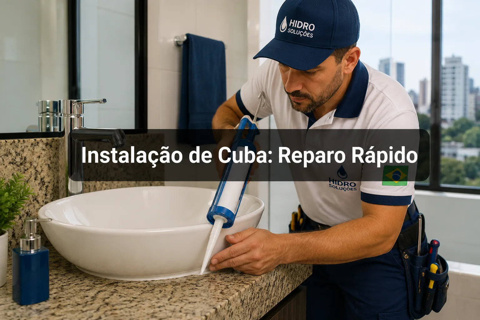 Professional () hero image with (≤42 chars): 'Instalação de Cuba: Reparo Rápido', white centered on a dark semi-transparent