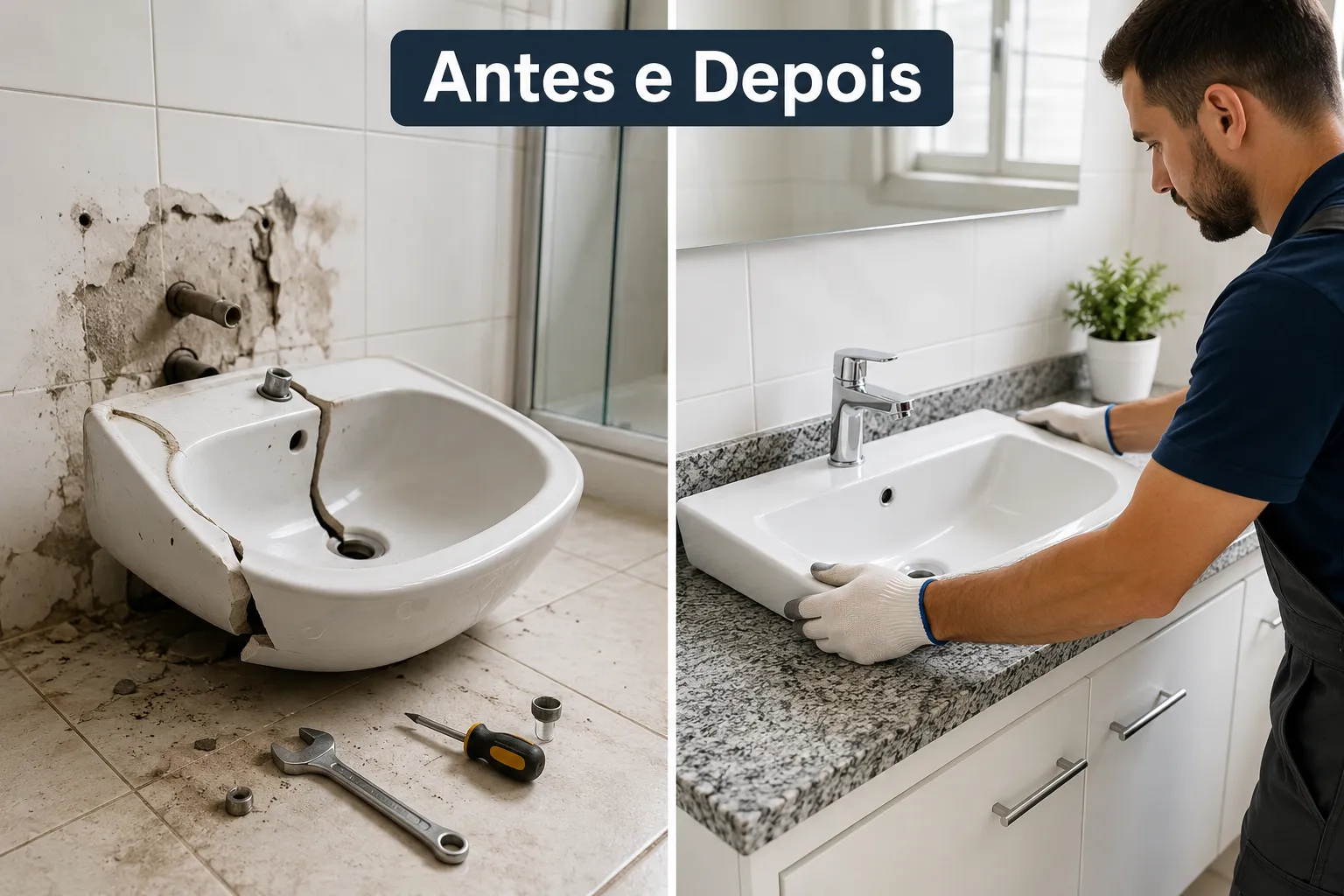 Editorial () split-screen image: left half shows a cracked and detached ceramic sink basin on a bathroom floor with visible