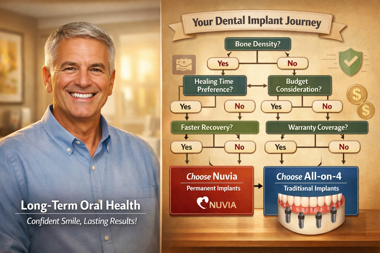() image showcasing a patient's journey through dental implant treatment. On one side, a confident patient smiles broadly,