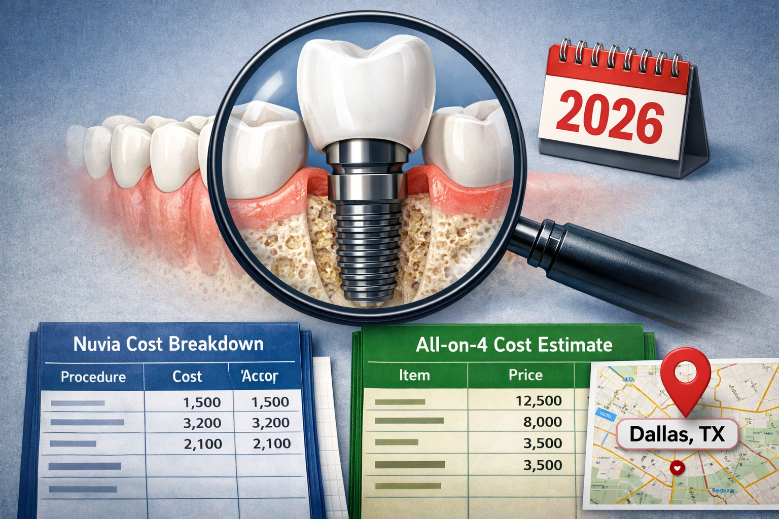 () image depicting a magnifying glass hovering over a detailed dental implant structure within a jawbone, symbolizing the