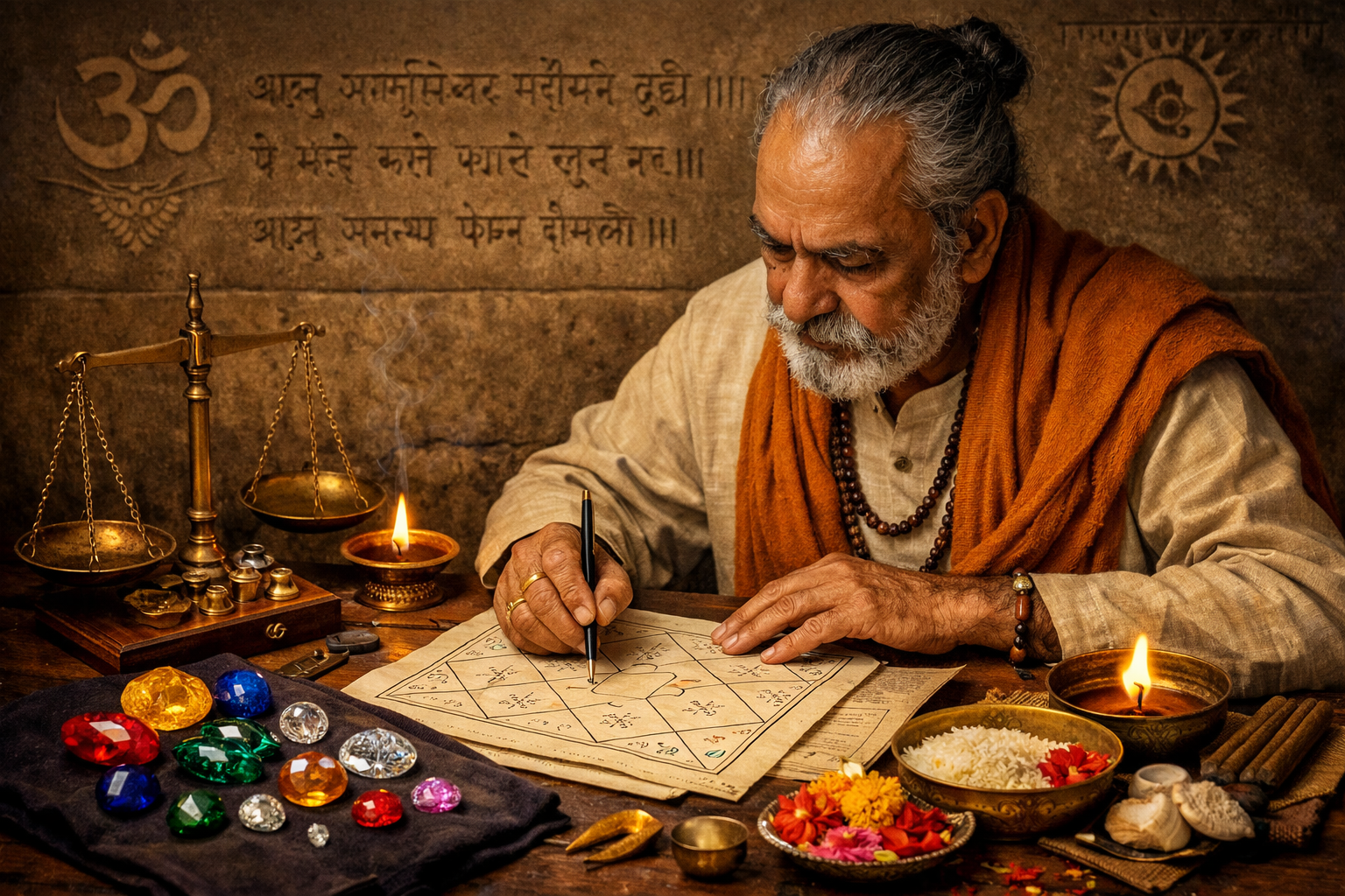 एक विस्तृत, संपादकीय गुणवत्ता वाला परिदृश्य प्रारूप () चित्रण जिसमें एक अनुभवी ज्योतिषी एक कुंडली चार्ट का ध्यानपूर्वक