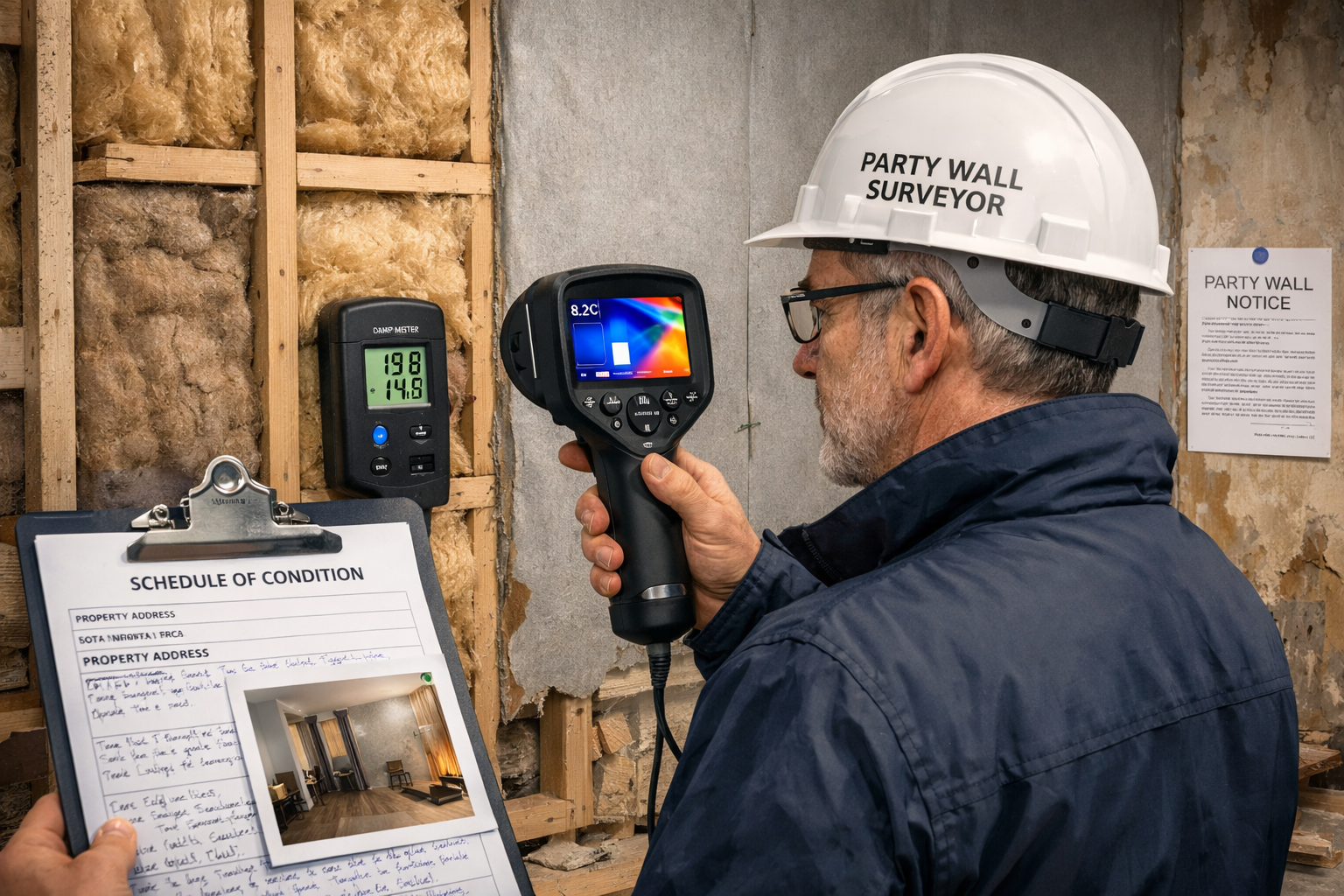 () detailed scene showing a party wall surveyor conducting an inspection inside a mid-terrace rental property undergoing