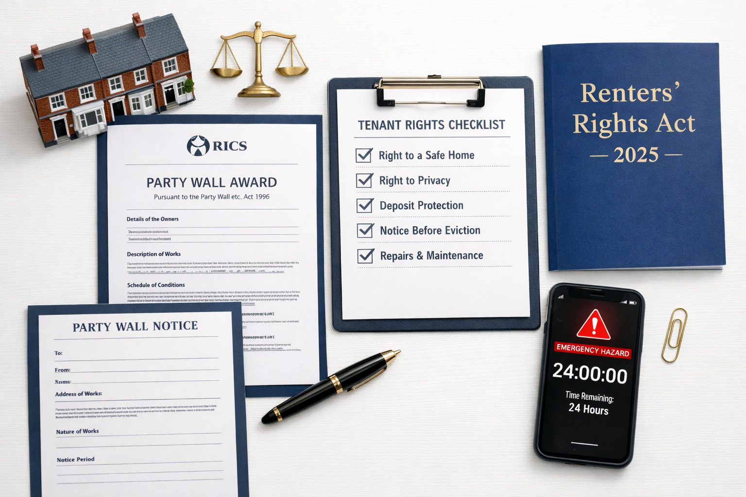 () top-down flat-lay composition showing a professional desk with an RICS-compliant party wall award document, a tenant