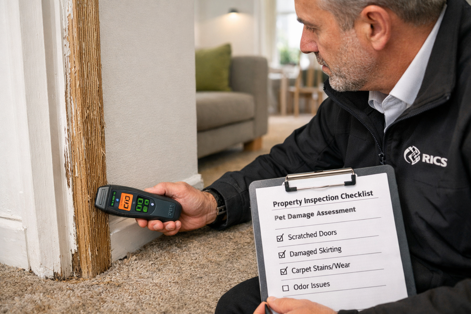 Close-up editorial photograph of a RICS-accredited chartered surveyor conducting a building survey inside a rental property,