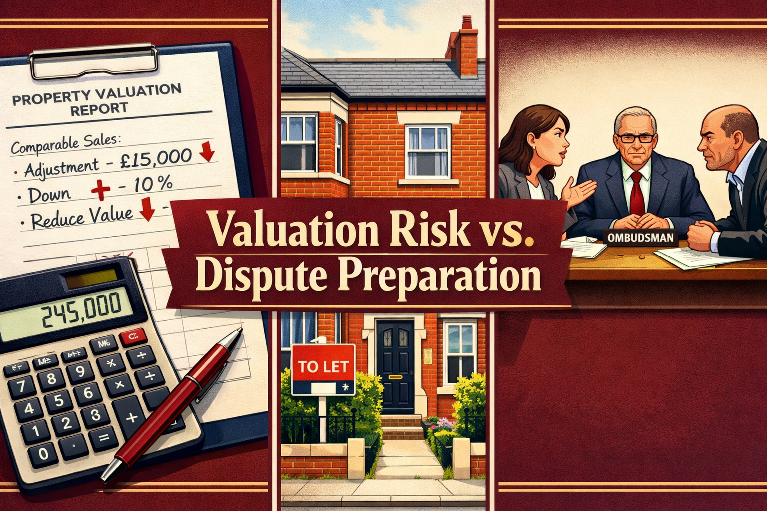 Split-composition editorial image: left side shows a professional property valuation report with downward adjustment