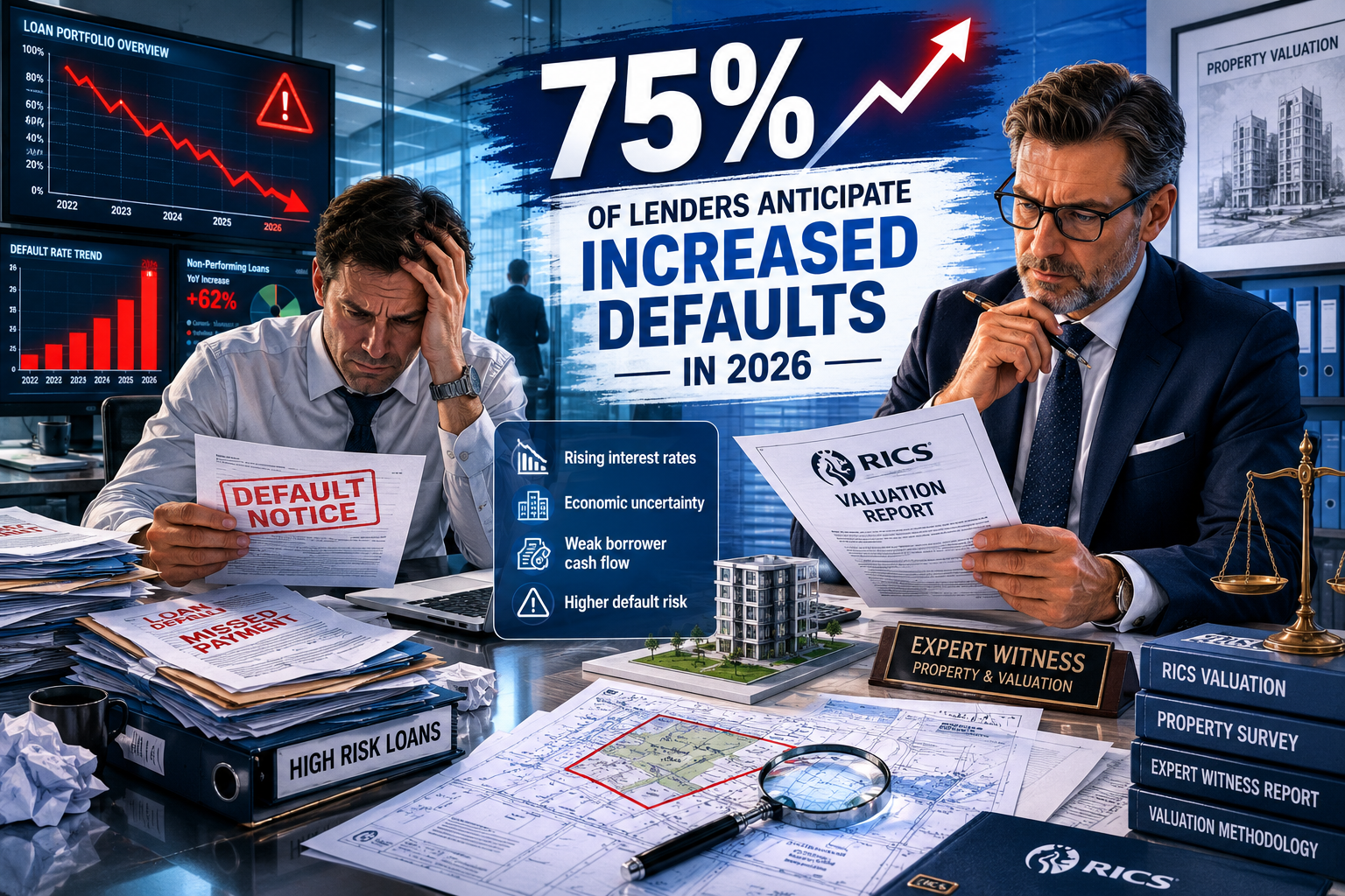 () editorial illustration showing a split-scene composition: left side features a stressed lender reviewing default notices