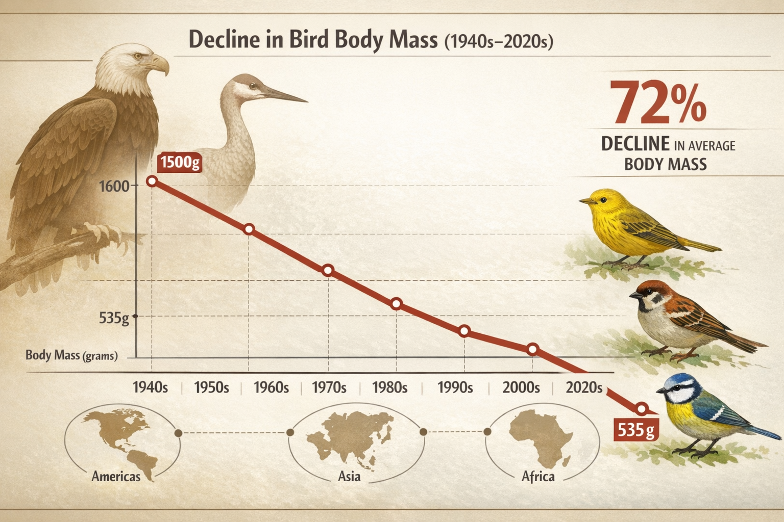 () detailed infographic showing timeline visualization of bird body mass decline from 1940s to 2020s. Large graph with