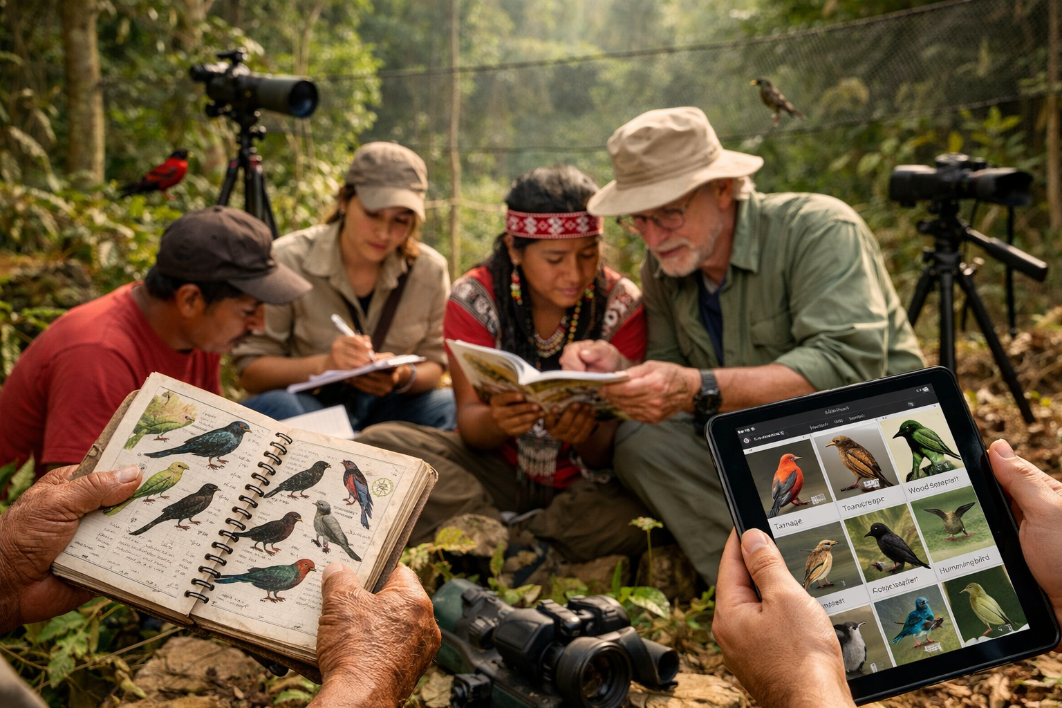 () collaborative field research scene showing indigenous community members and Western scientists working together