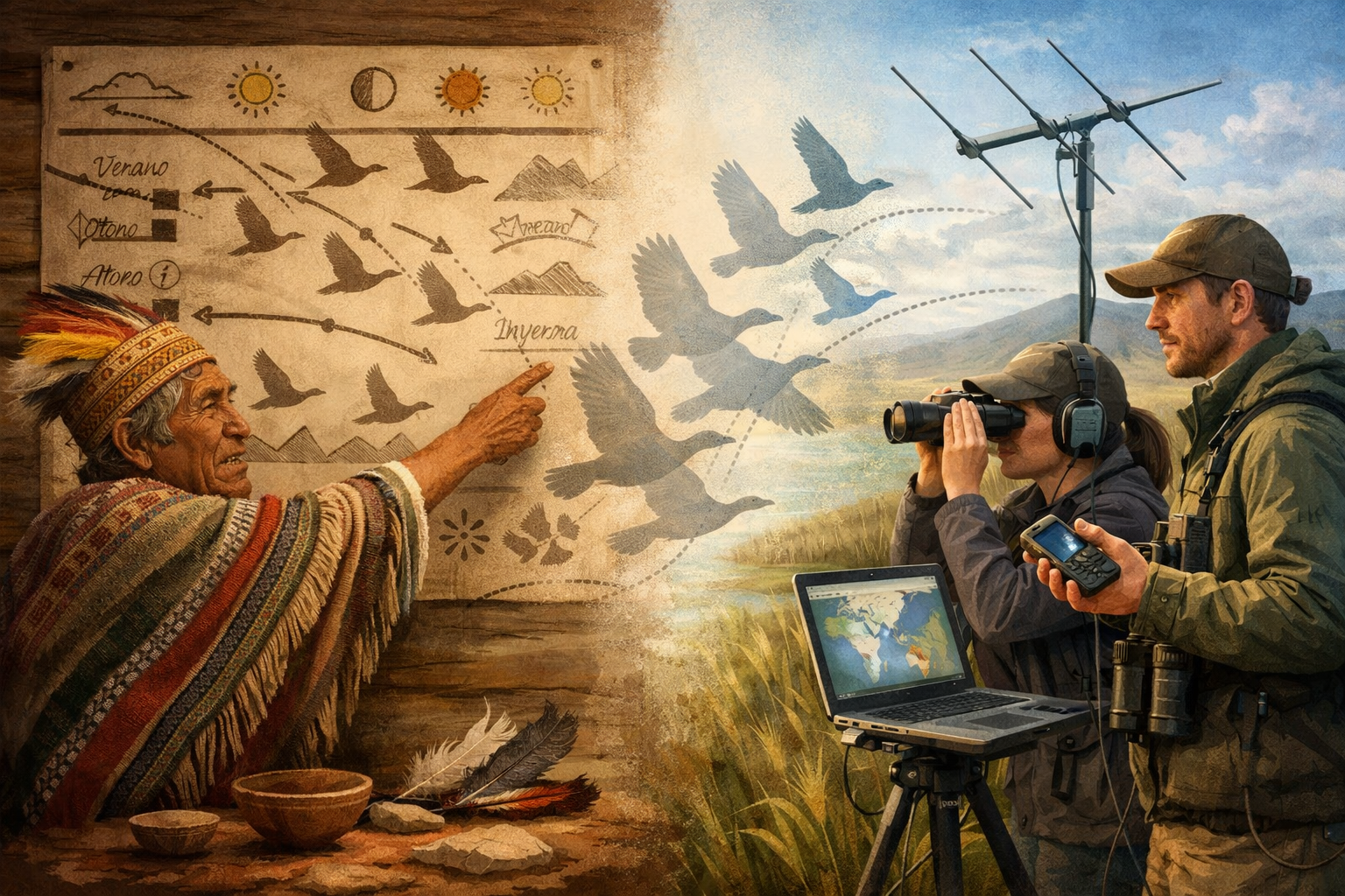 A split-screen editorial landscape image () depicting Indigenous ecological knowledge contrasted with scientific