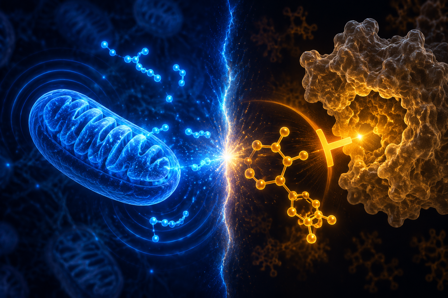 Professional () hero image depicting a split-screen scientific visualization: left side shows a glowing blue mitochondrion