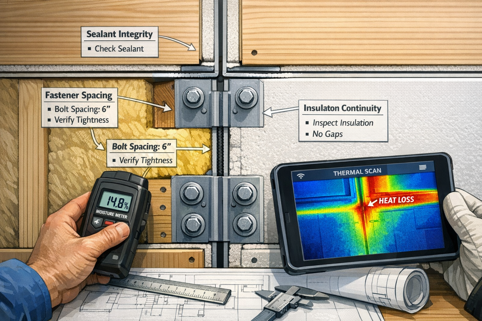 Detailed () image showing close-up cross-section view of modular housing panel joint connection with visible structural
