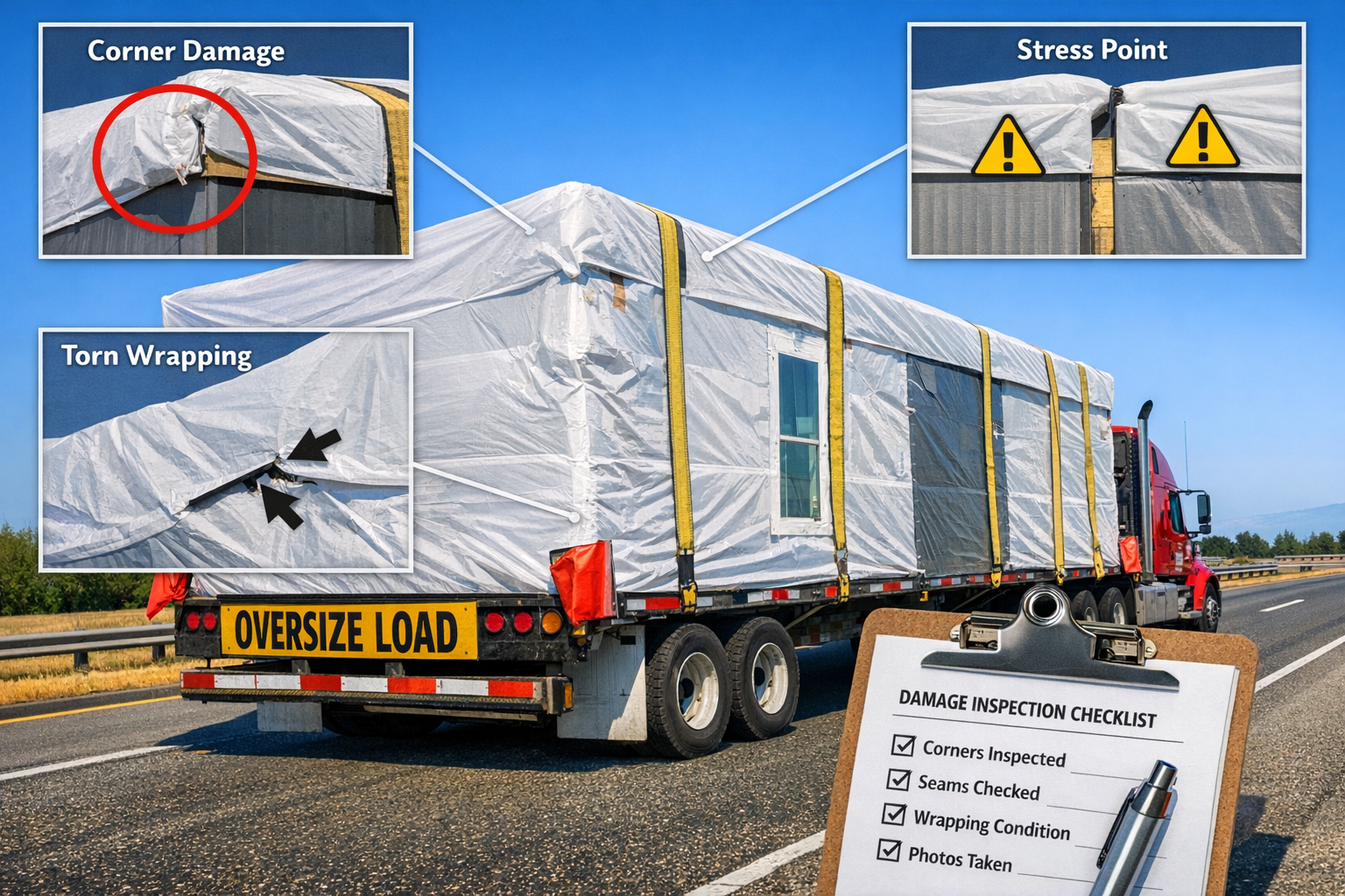 Wide-angle () photograph of flatbed truck transporting completed modular housing unit on highway, secured with heavy-duty