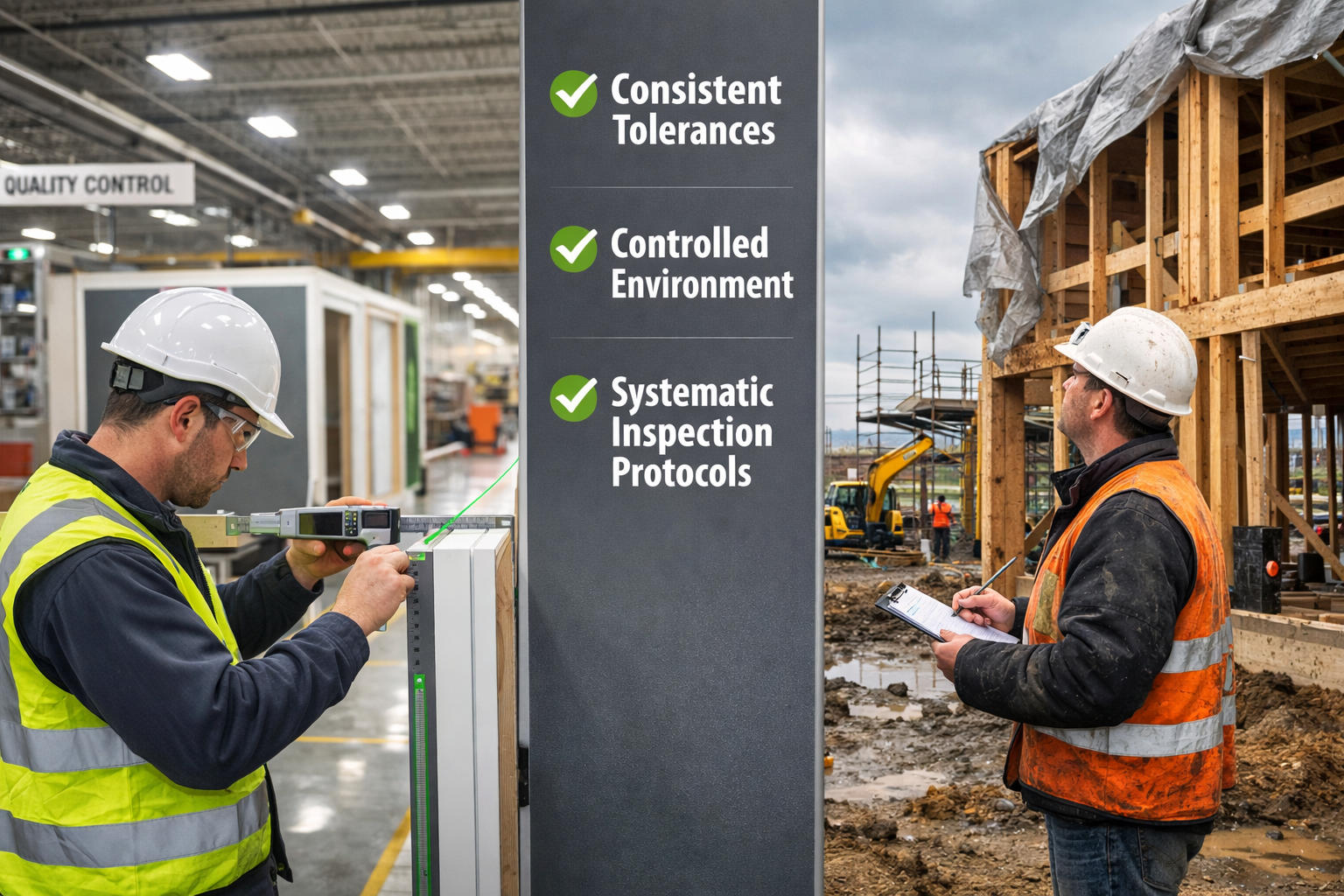 () split-screen comparison image showing left side: factory-controlled modular construction environment with precision laser