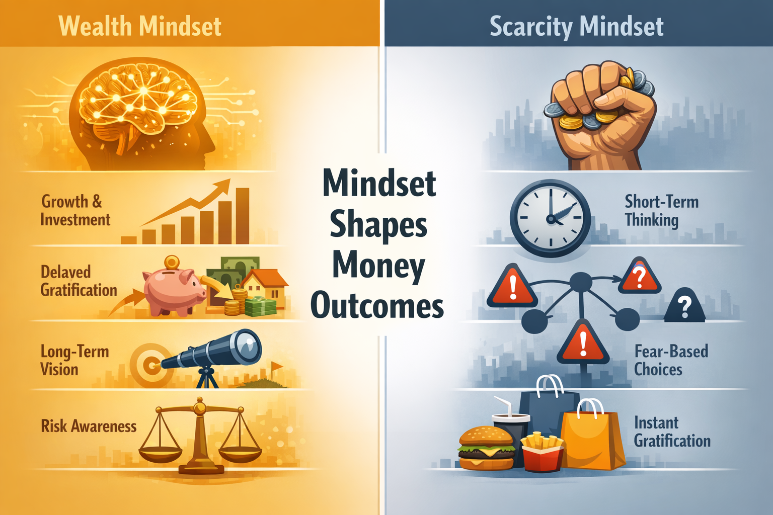 Detailed landscape infographic (1536x1024) comparing wealth mindset versus scarcity mindset with clear visual separation down the center. Le