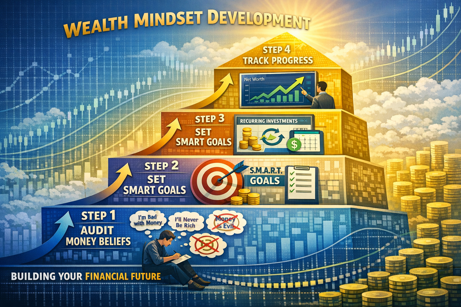 Comprehensive landscape illustration (1536x1024) showing step-by-step wealth mindset development framework as ascending staircase or pyramid