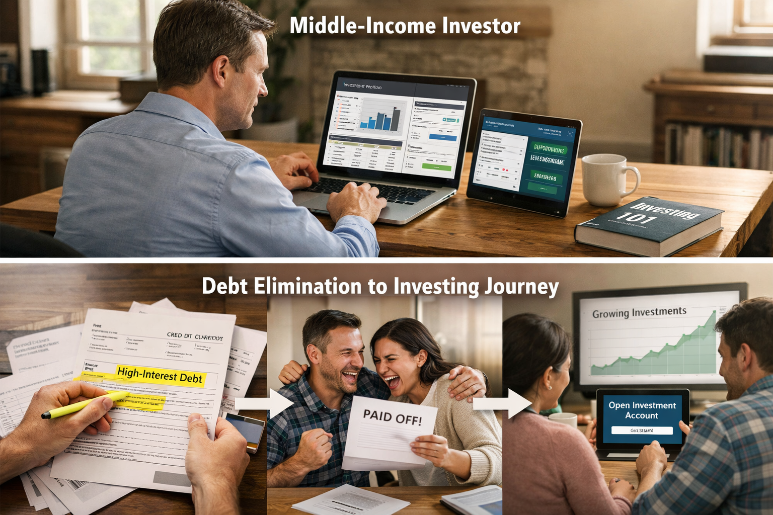 Realistic landscape photograph (1536x1024) depicting real-world wealth mindset application scenarios with split-screen comparison format. To