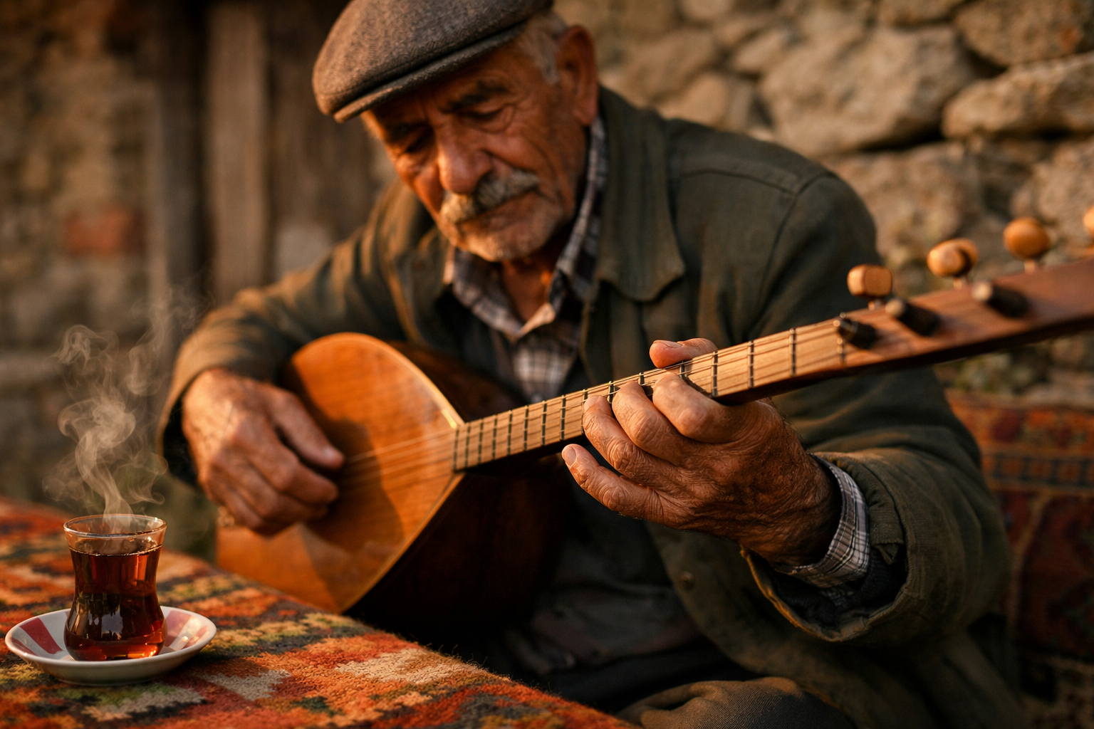 () editorial photograph of an elderly Turkish folk musician playing a bağlama saz in a rustic Anatolian village setting,