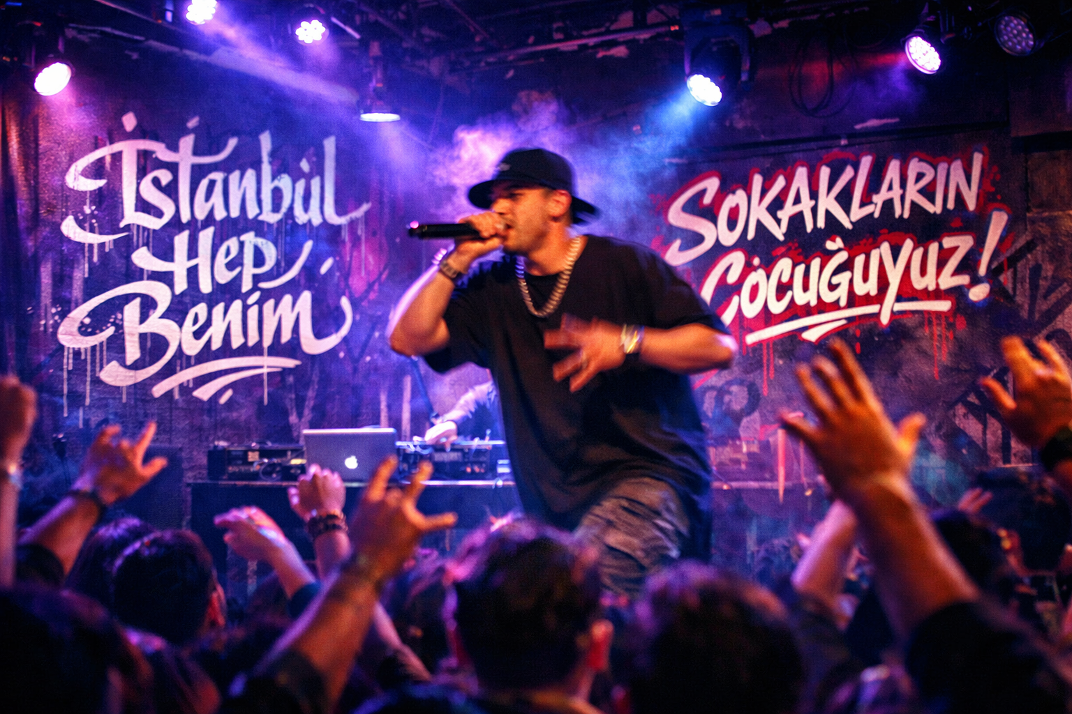 () vibrant nighttime photograph of a modern Istanbul music venue interior, young Turkish hip-hop artist performing on stage