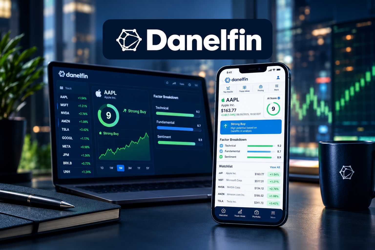 Danelfin AI stock rating on a laptop dashboard and phone, with an AI Score of 9 and its technical, fundamental and sentiment breakdown