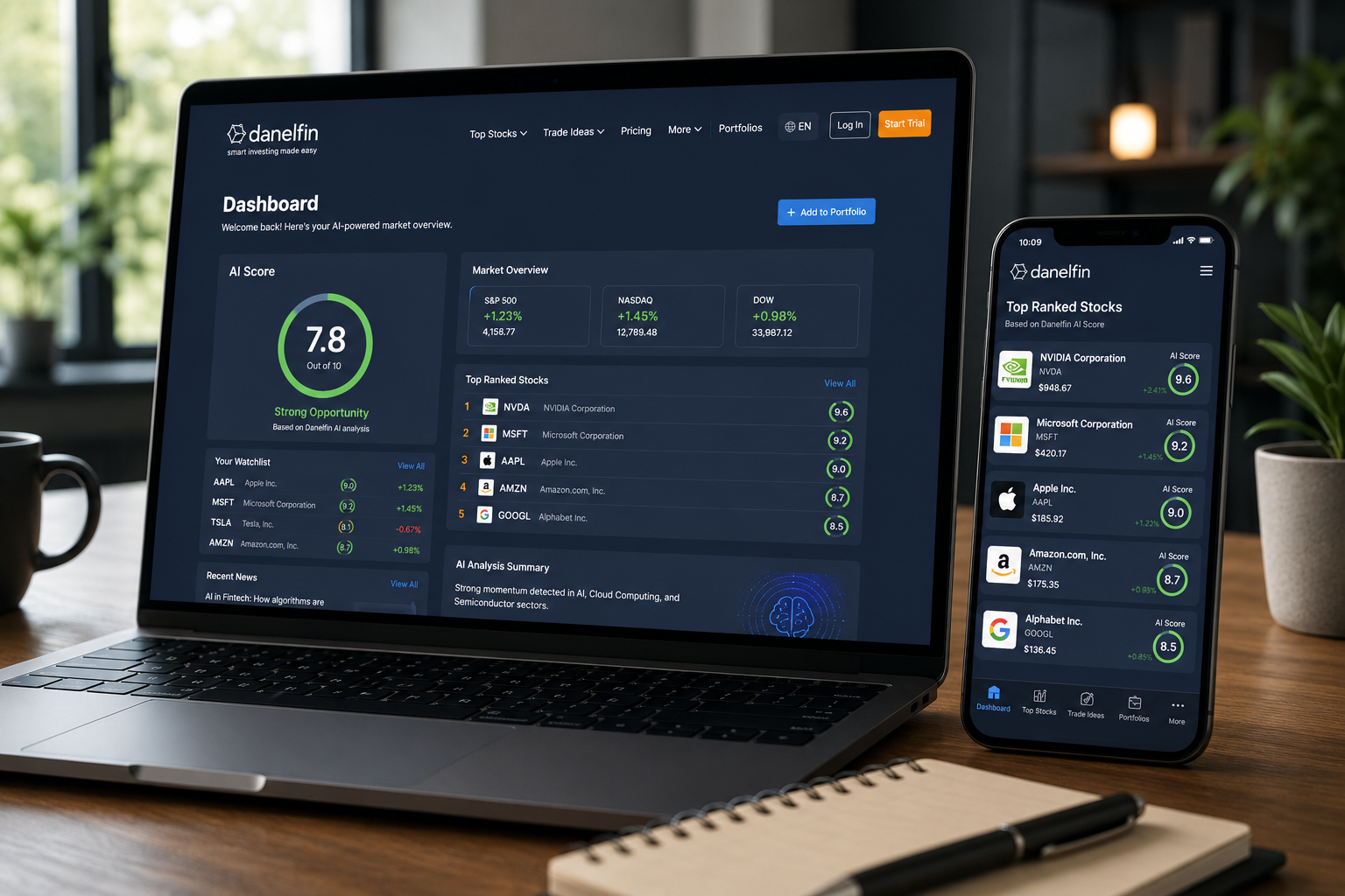 Danelfin dashboard on a laptop and phone ranking top stocks by AI Score, with a watchlist and market overview