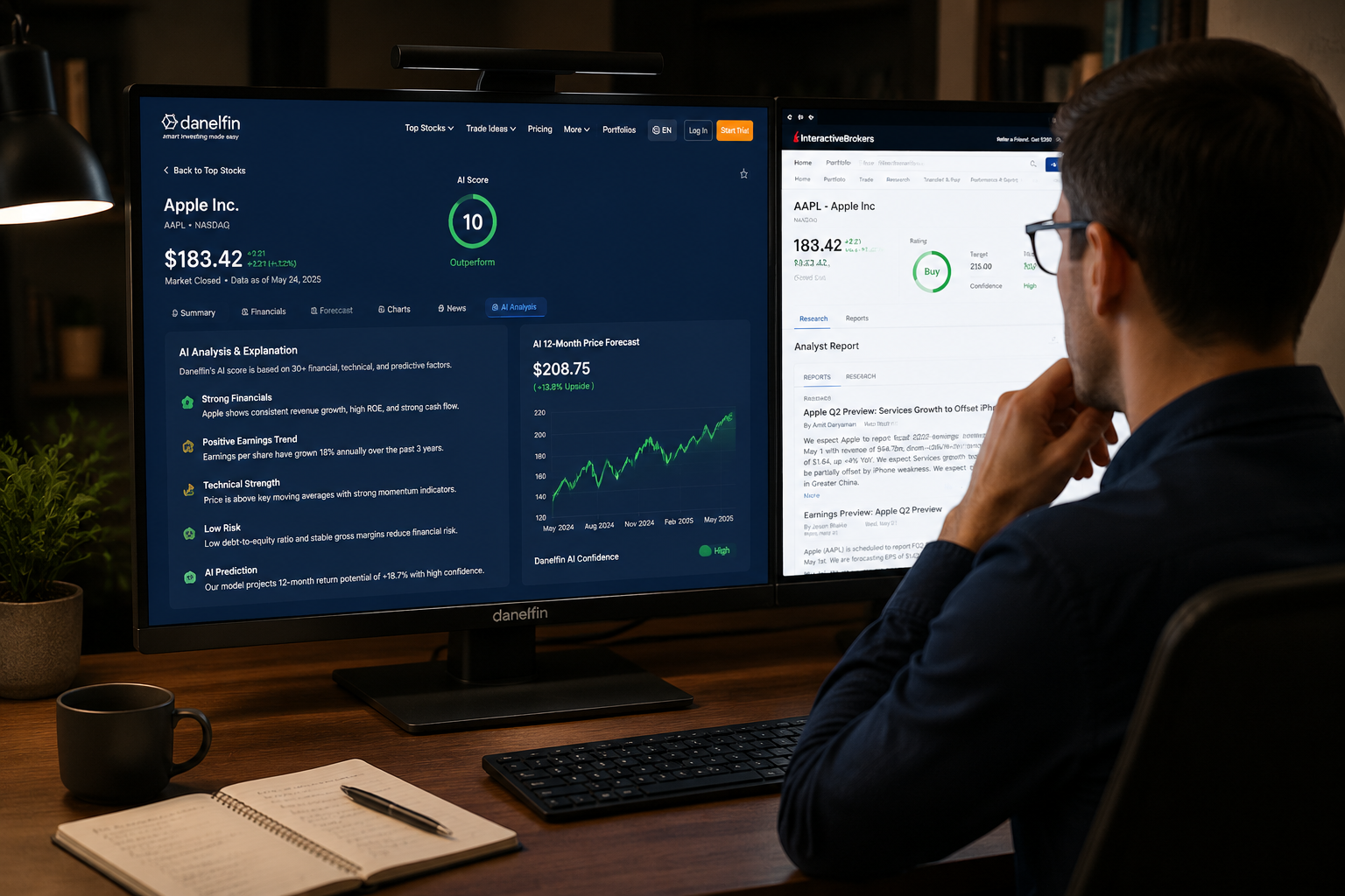 Investor reviewing a Danelfin AI Score of 10 and its AI analysis next to a broker order screen