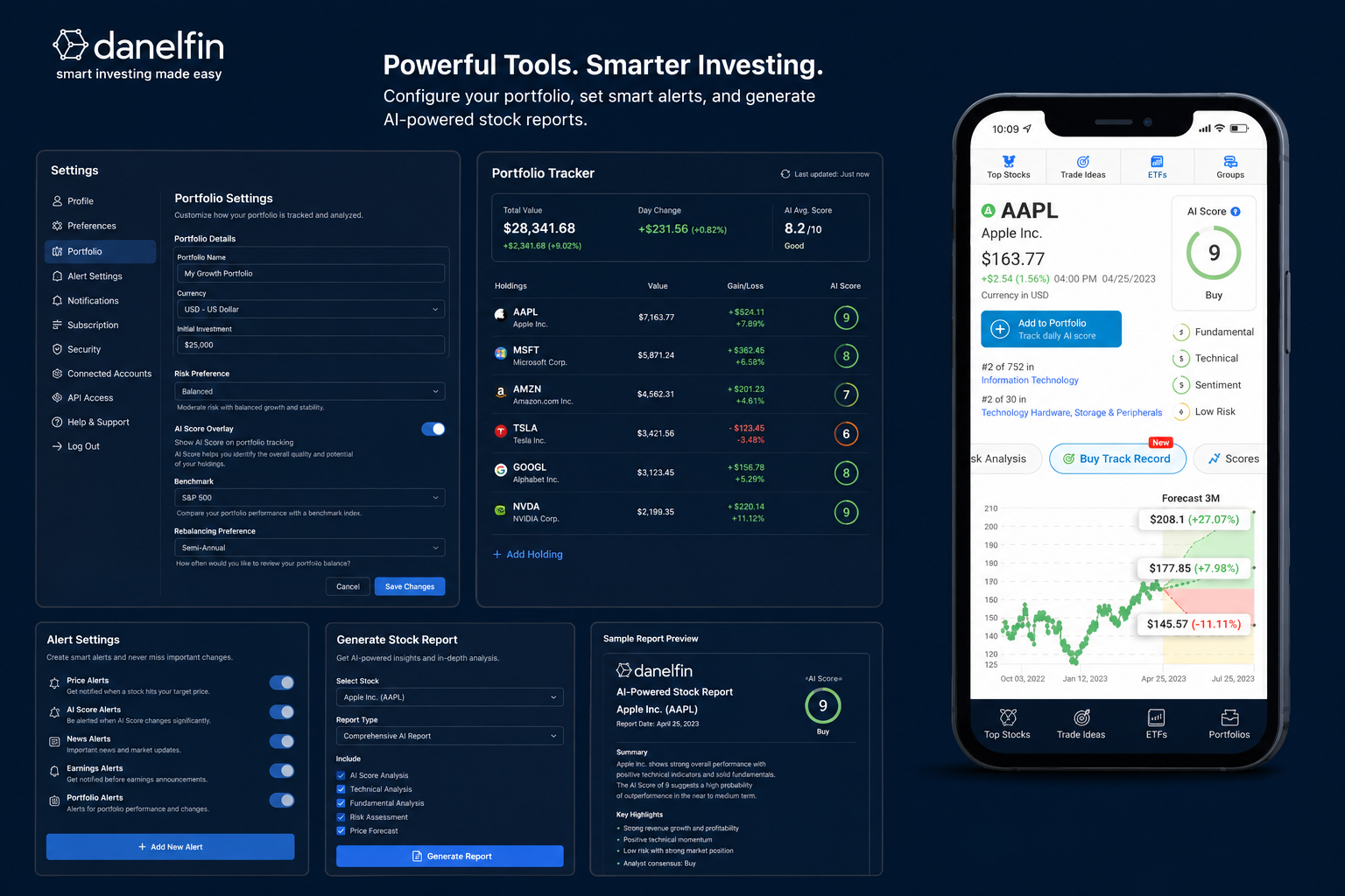 Danelfin portfolio tracker, alert settings and AI stock report builder on desktop and mobile