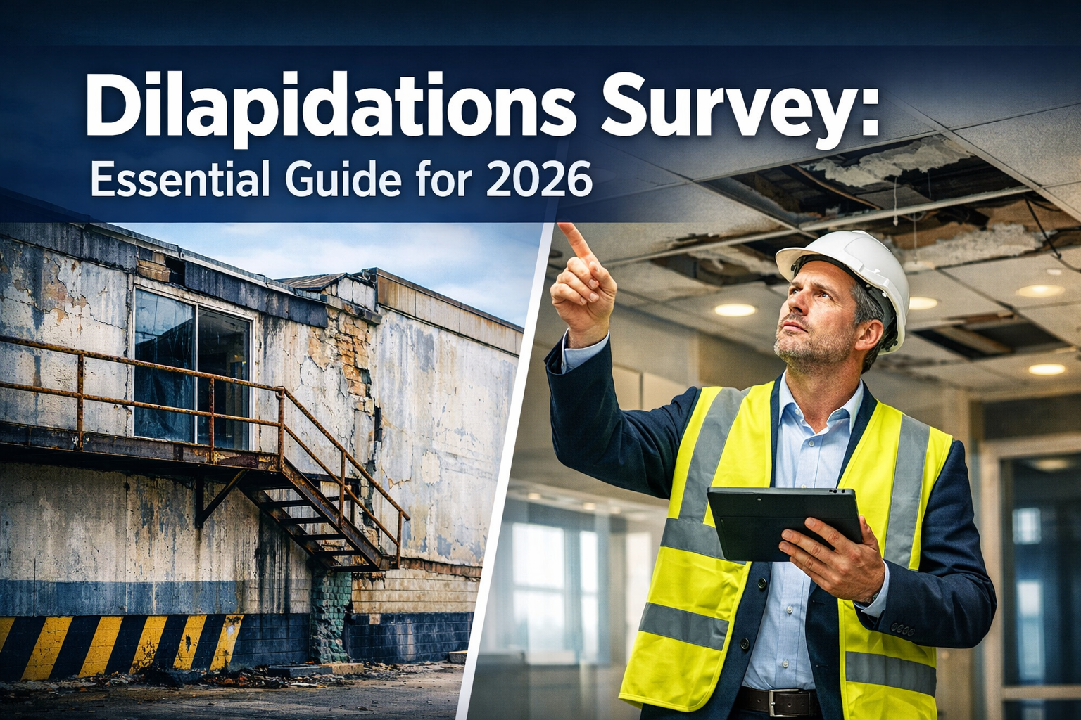 Professional landscape format (1536x1024) hero image with bold text overlay 'Dilapidations Survey: Essential Guide for 2026' in extra large
