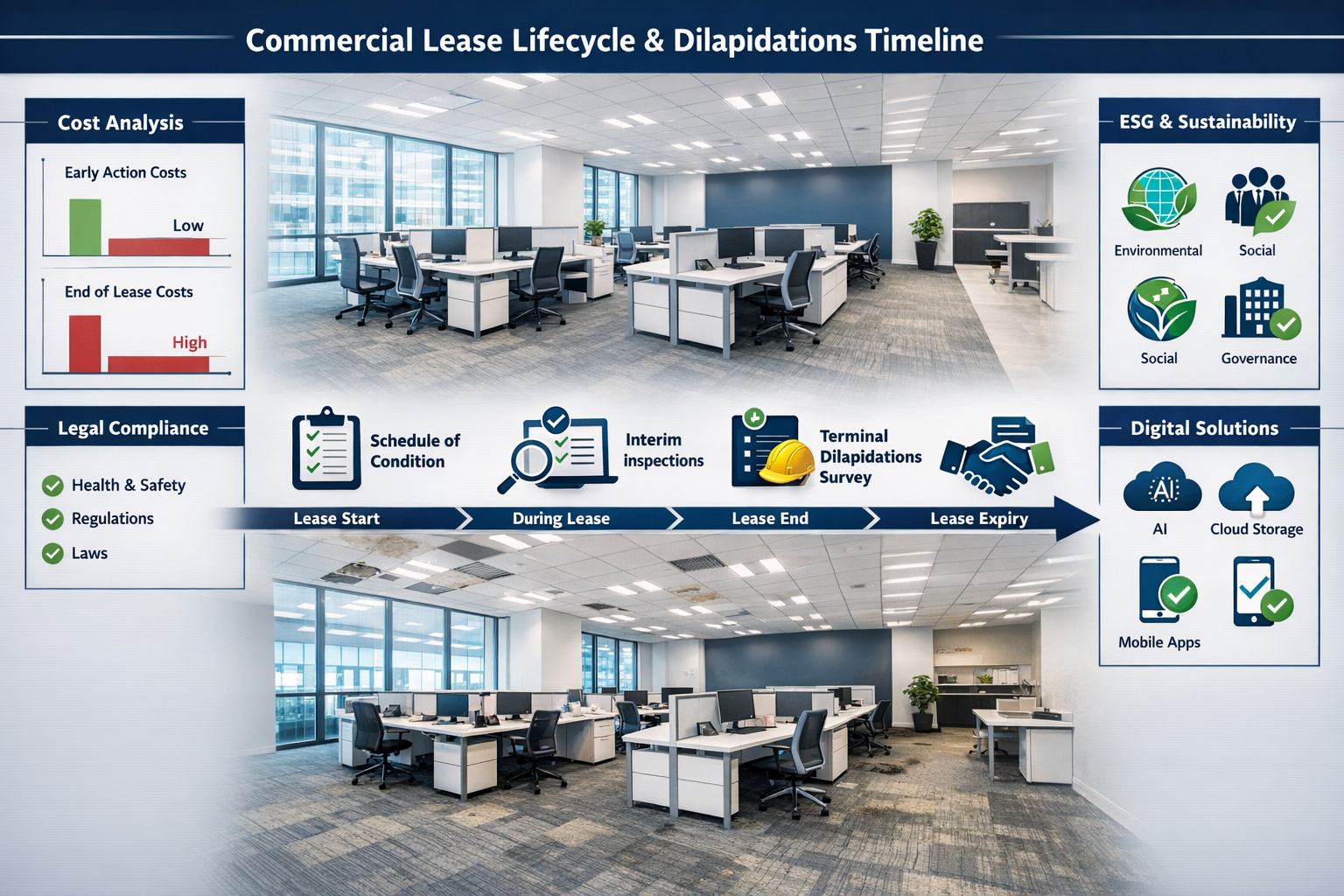 Landscape format (1536x1024) professional composition showing commercial lease lifecycle and dilapidations timeline. Horizontal timeline gra