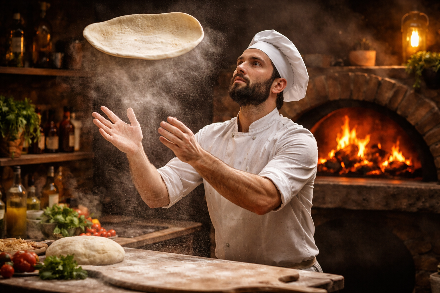 Professional landscape format (1536x1024) image of pizza chef in action tossing dough in air, flour dusting, intense concentration, traditio