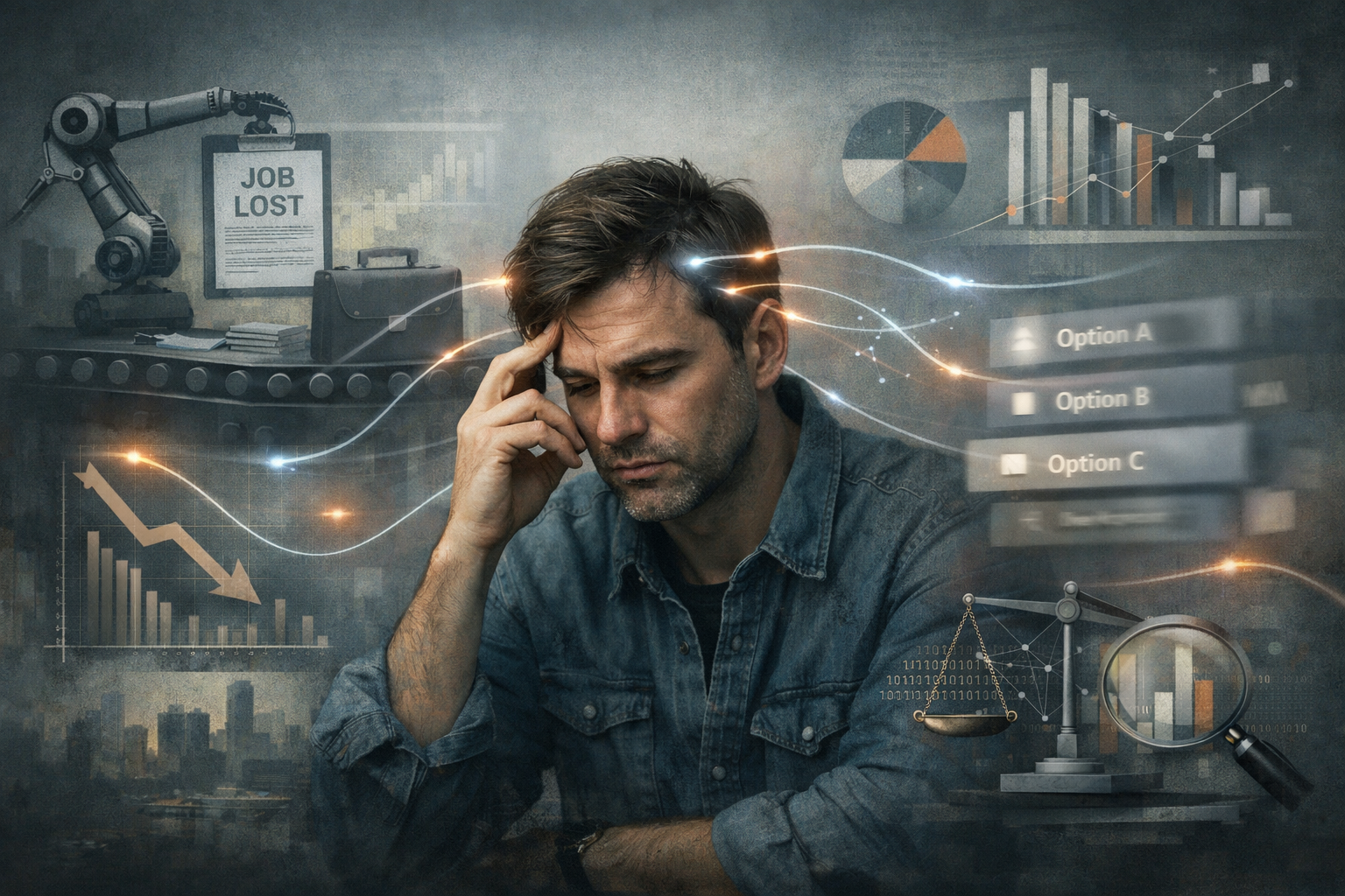 5 Essential Ways AI Anxiety Is Rewiring Your Stress Response 2 A compelling landscape image (1536x1024) illustrating the psychological mechanisms of AI-induced anxiety, showing a person with a thoughtful