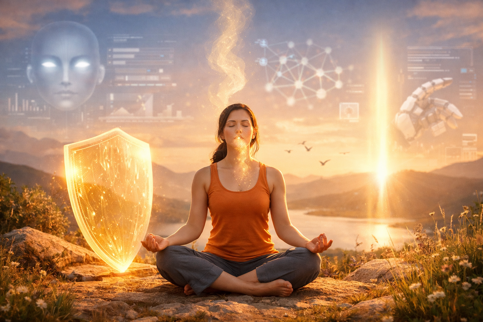 5 Essential Ways AI Anxiety Is Rewiring Your Stress Response 3 An empowering landscape image (1536x1024) demonstrating emotional regulation techniques against tech-driven uncertainty. Show a person medit