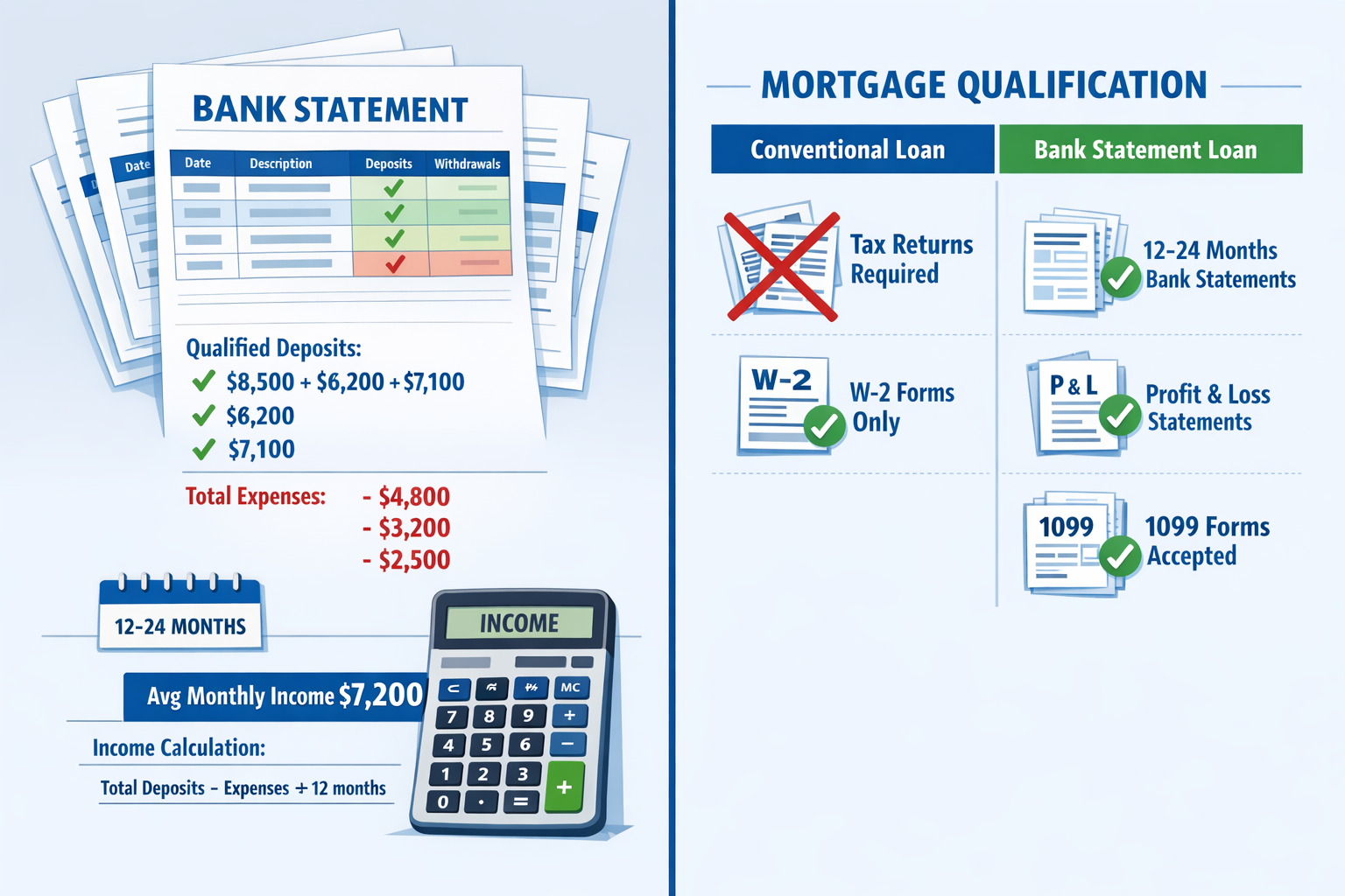 Detailed landscape format (1536x1024) image showing bank statement mortgage qualification process with split-screen composition: left side d