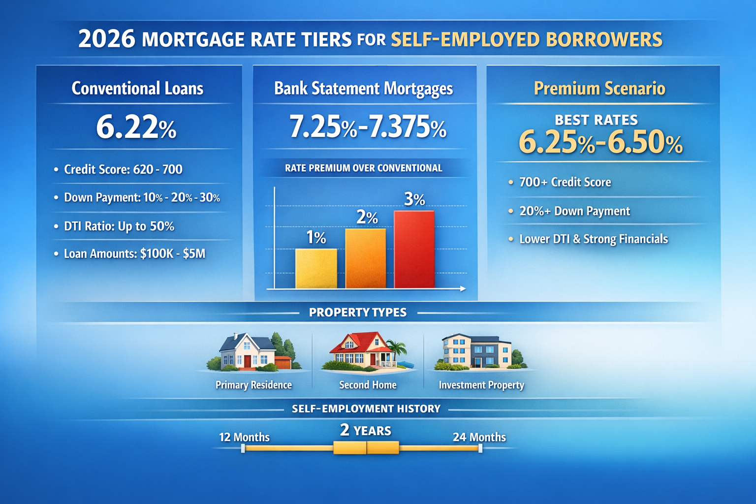 Comprehensive landscape format (1536x1024) visual comparison chart displaying 2026 mortgage rate tiers for self-employed borrowers, featurin