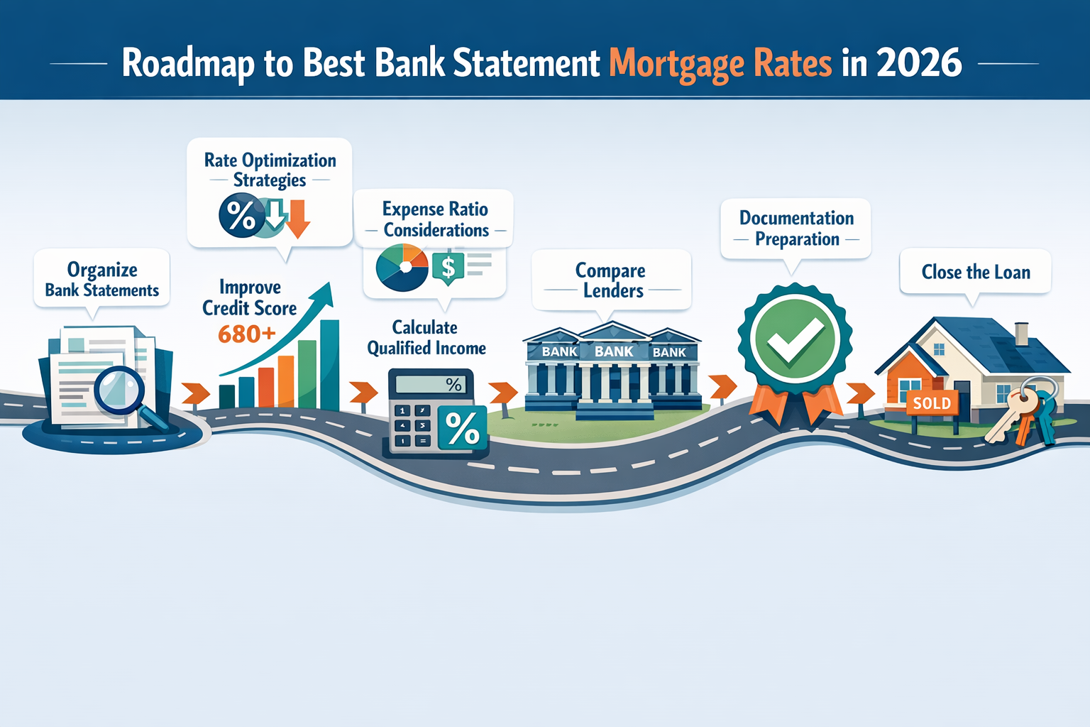 Detailed landscape format (1536x1024) strategic planning image showing roadmap to securing best bank statement mortgage rates in 2026, featu