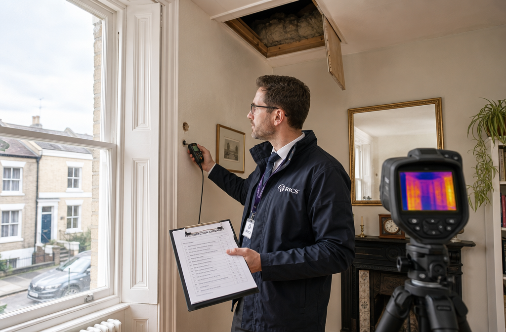 Wide-angle editorial photograph of a RICS-accredited chartered surveyor in professional attire examining wall insulation