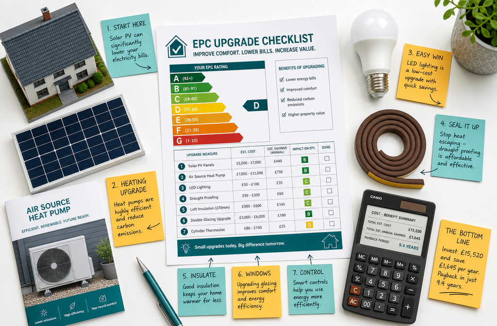 Flat-lay infographic style image on a clean white desk surface showing an EPC upgrade checklist document with A-G energy