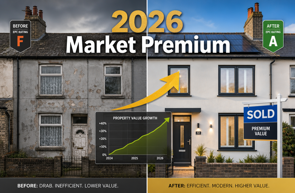 Split-screen editorial image: left half shows a run-down EPC F-rated UK terraced house with peeling paint and single-glazed