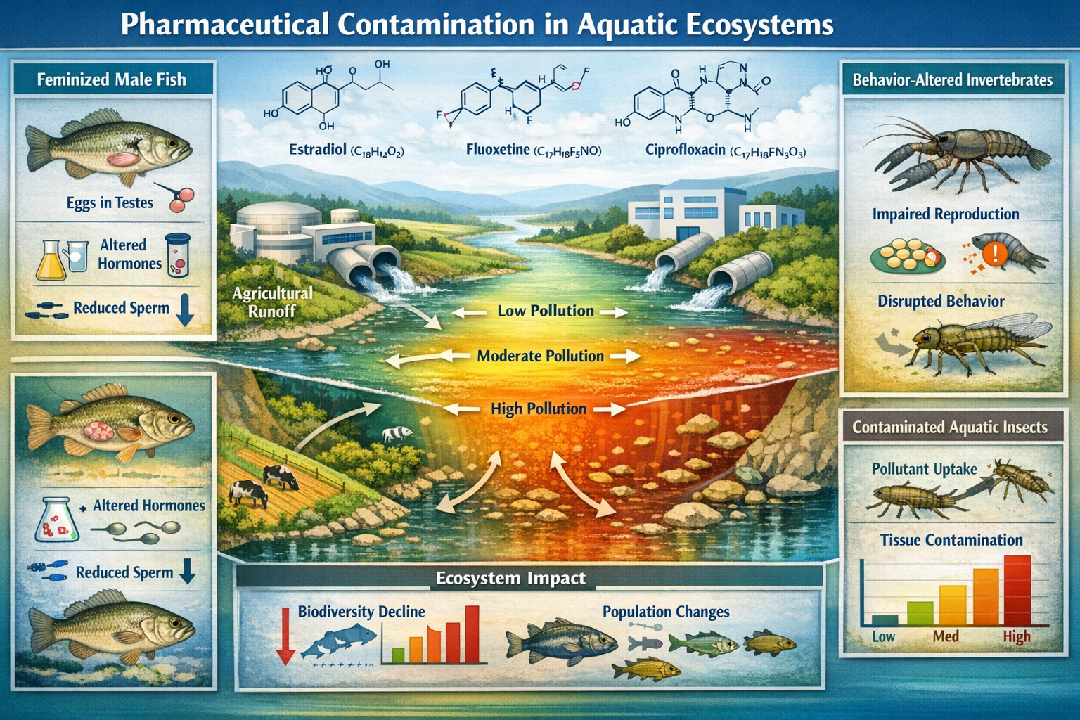 () detailed infographic illustration showing pharmaceutical contamination pathways in aquatic ecosystems. Center features