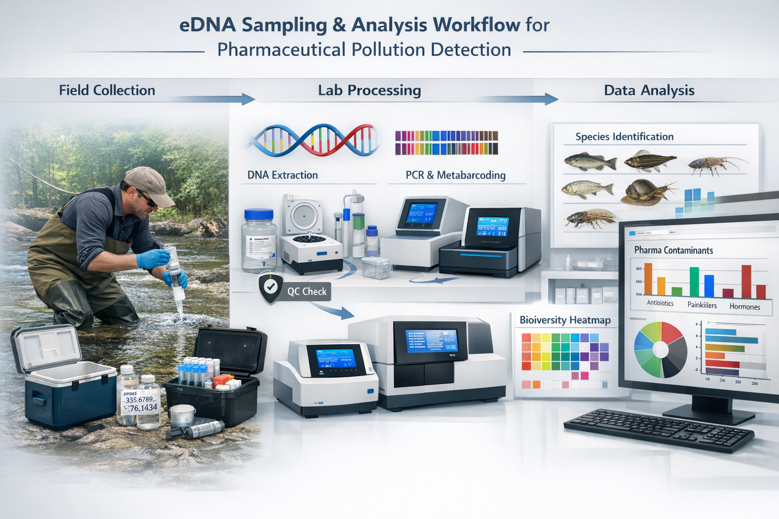 () technical diagram showcasing eDNA sampling and analysis workflow for pharmaceutical pollution detection in aquatic
