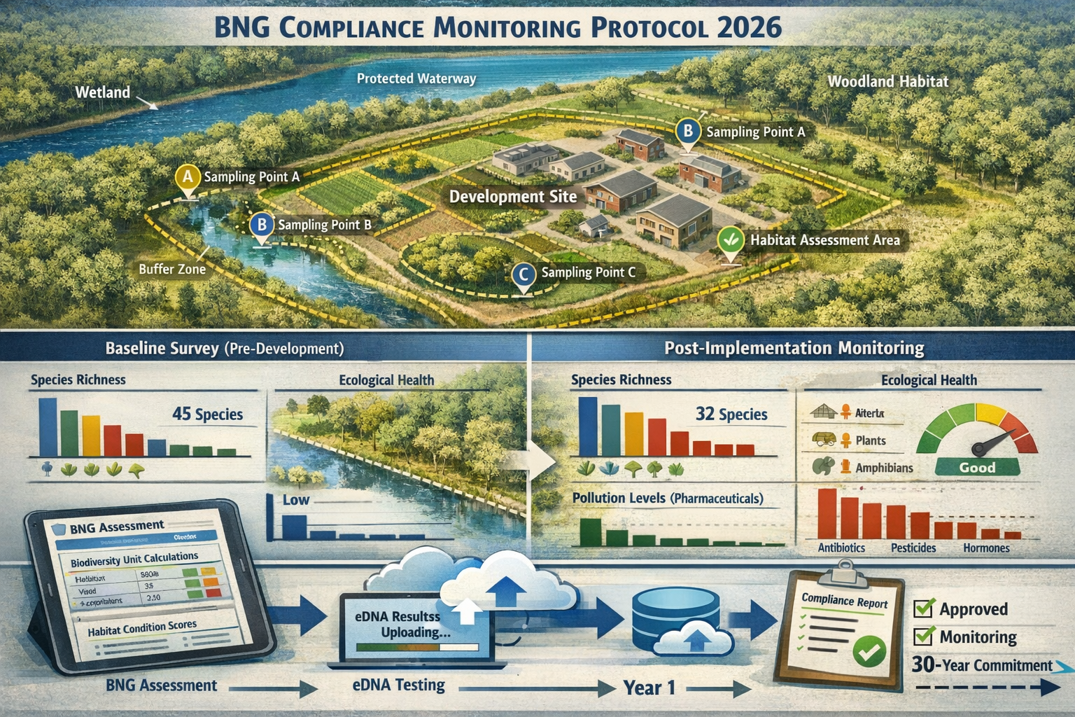 () comprehensive visual guide showing integrated BNG compliance monitoring protocol for 2026. Top section displays aerial