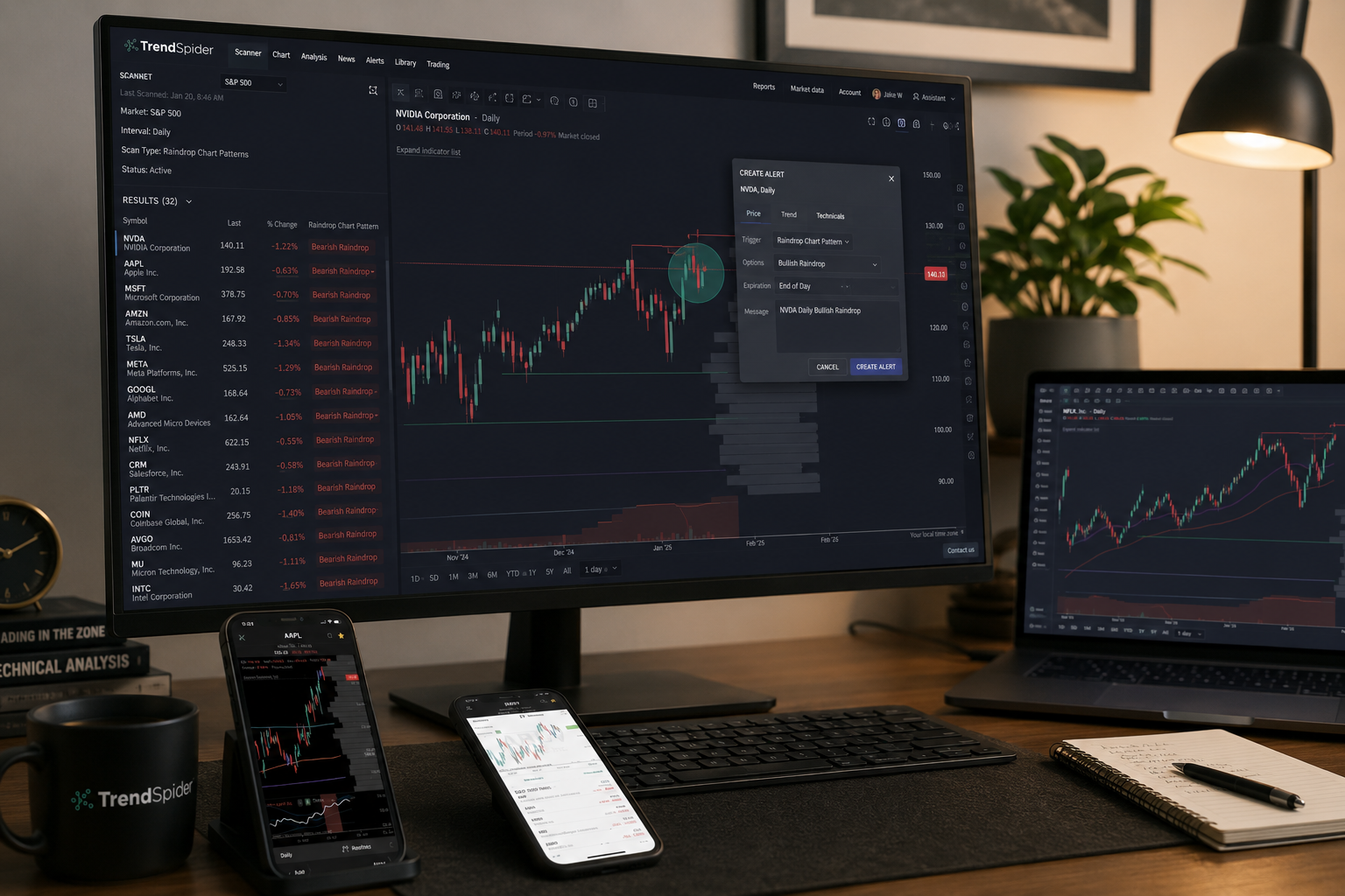 Trader using TrendSpider pattern scanner results and a chart alert on desktop, with the mobile app nearby