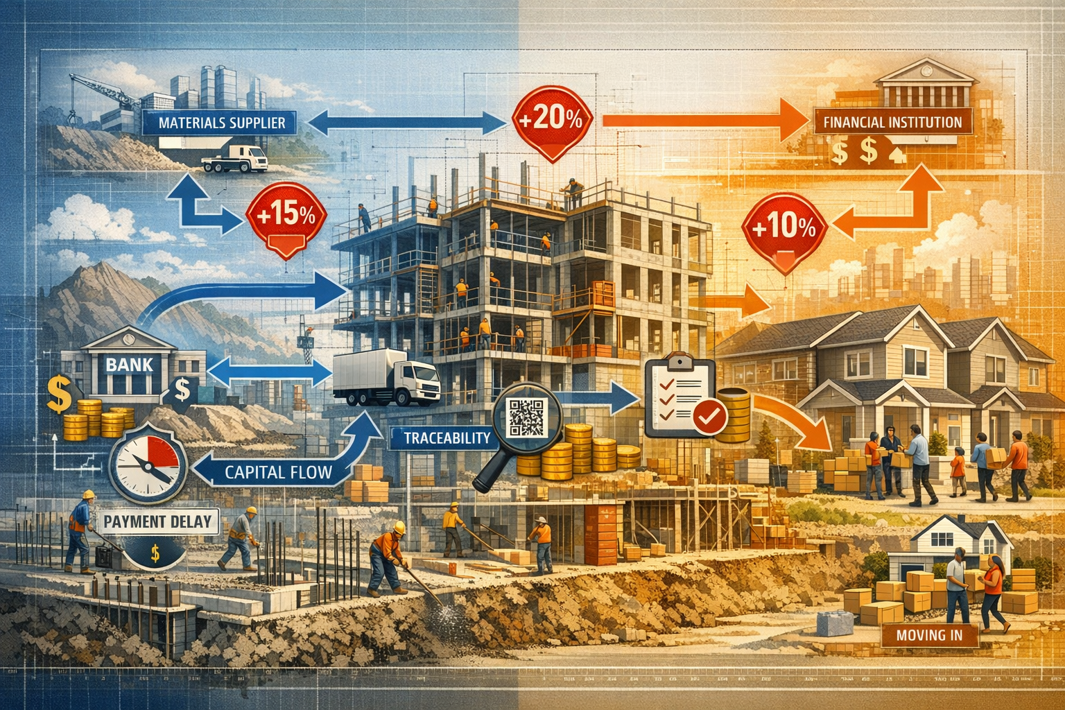 () detailed architectural cross-section view of housing development project showing multiple construction phases