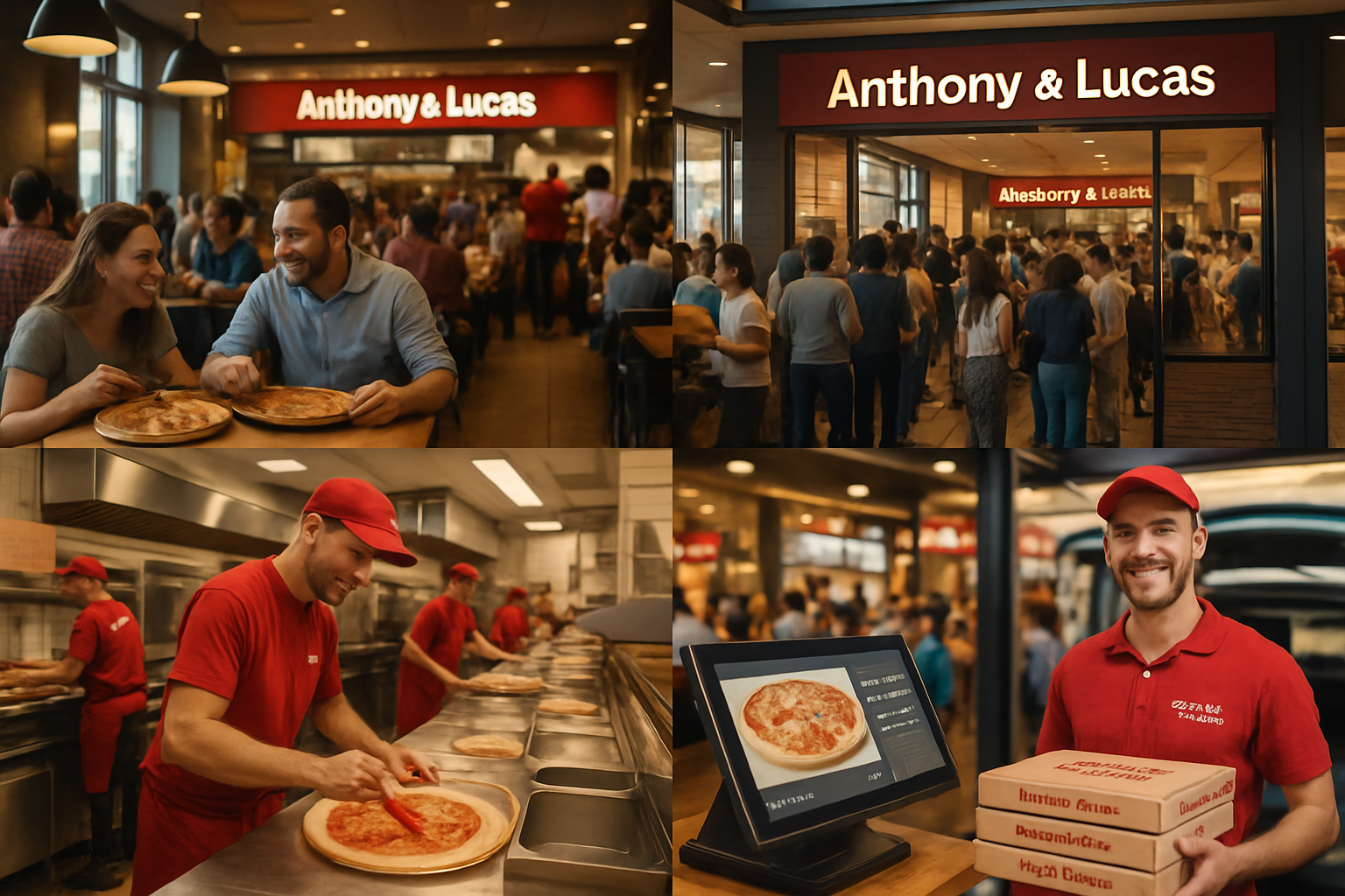 Modern pizza franchise operation showcase featuring bustling franchise locations, happy customers, efficient kitchen workflows, and branded 