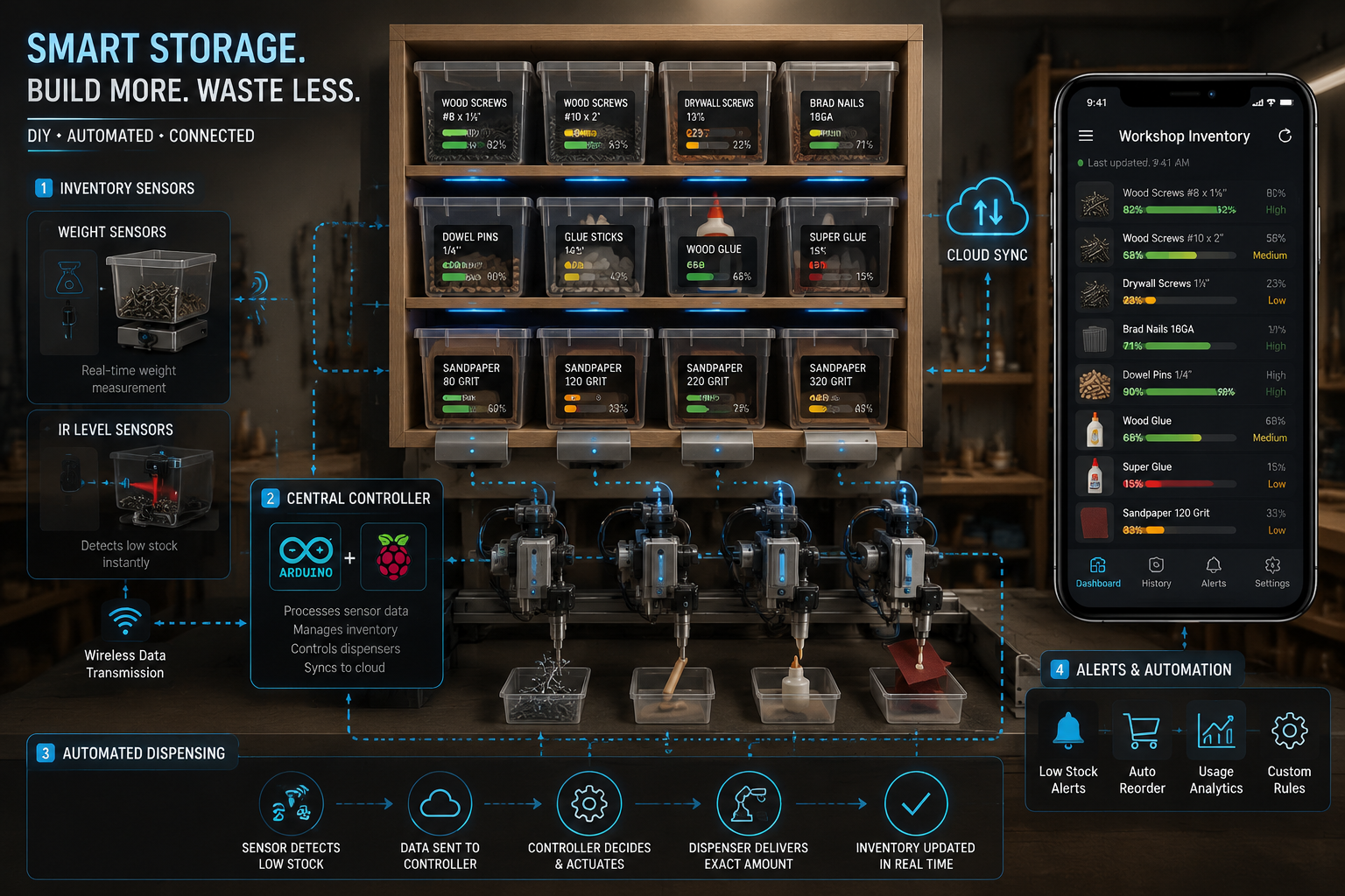 () image illustrating a conceptual overview of a DIY smart storage system for woodworking consumables. The image features a
